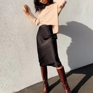 Satin Silky Black Midi Skirt